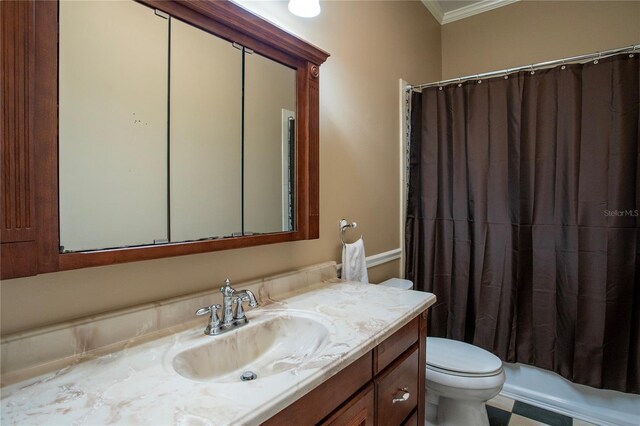 full bathroom with vanity, shower / bath combo with shower curtain, ornamental molding, and toilet