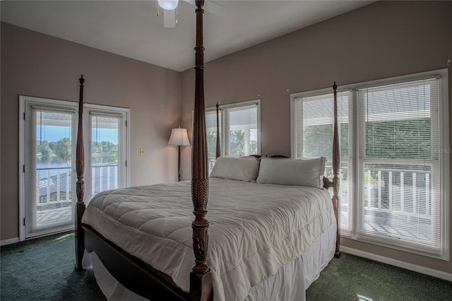 bedroom featuring multiple windows, lofted ceiling, carpet flooring, and access to exterior