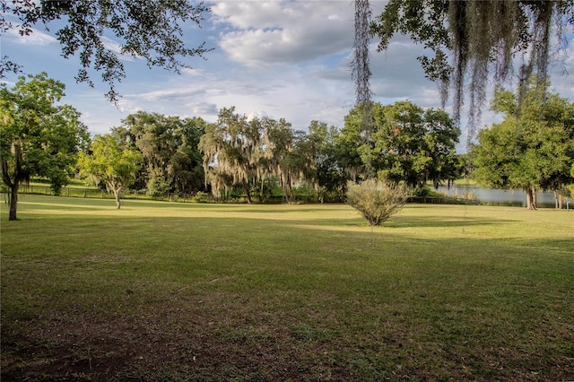 view of community with a water view and a lawn