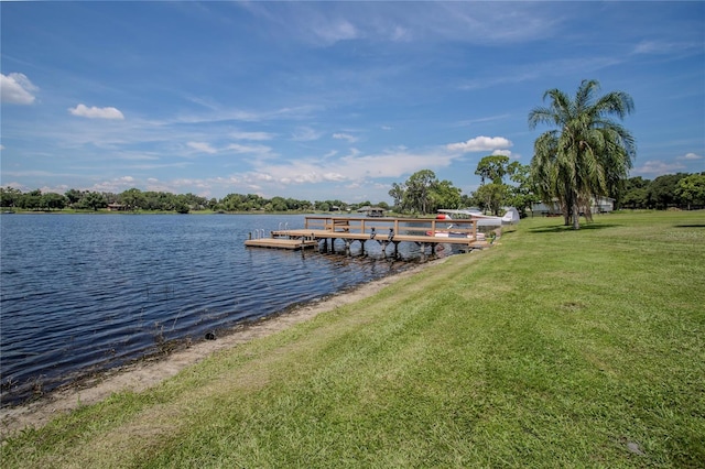 view of dock featuring a water view and a lawn