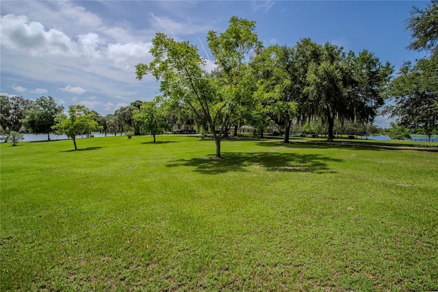 surrounding community with a water view and a lawn