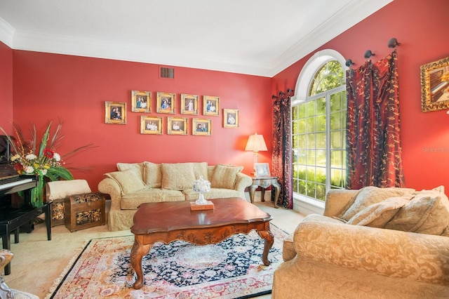 carpeted living room featuring ornamental molding