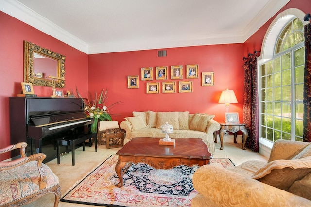 living room with crown molding and carpet floors