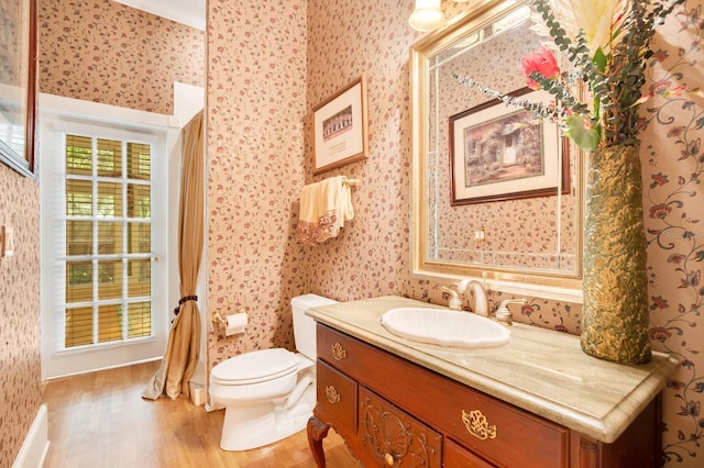 bathroom with wood-type flooring, toilet, and vanity