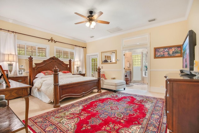 bedroom with multiple windows, crown molding, and light parquet floors