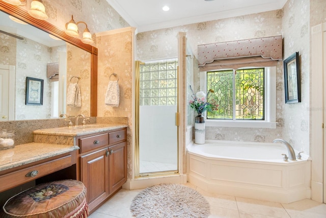 bathroom featuring crown molding, tile patterned floors, vanity, and shower with separate bathtub