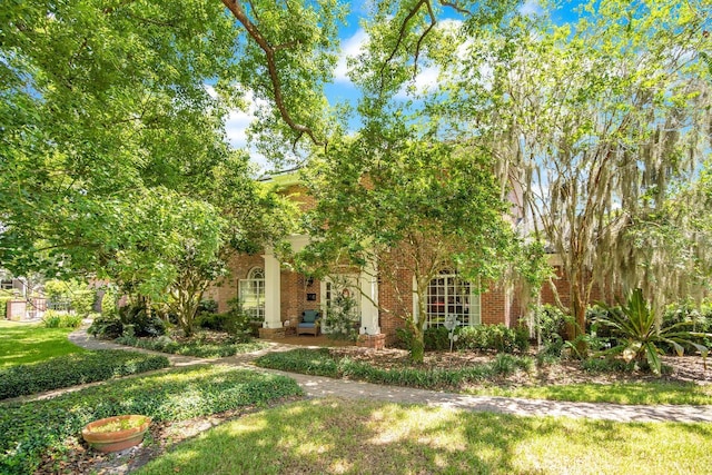 obstructed view of property with a front lawn