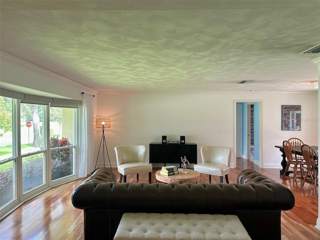 living room featuring a wealth of natural light, light hardwood / wood-style floors, a textured ceiling, and ornamental molding