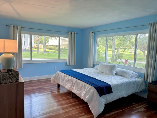 bedroom featuring wood-type flooring and multiple windows