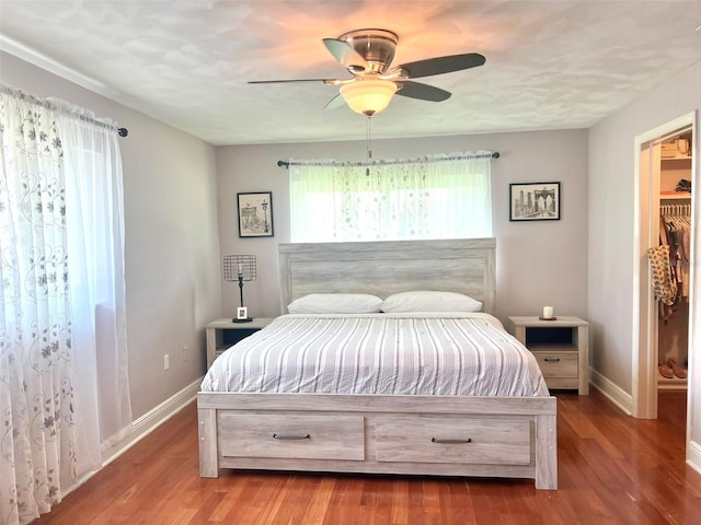 bedroom with hardwood / wood-style flooring, a spacious closet, ceiling fan, and a closet