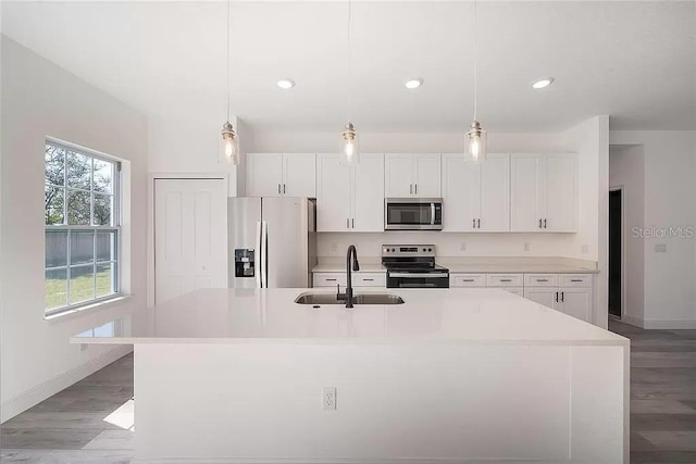 kitchen with sink, an island with sink, white cabinetry, and stainless steel appliances