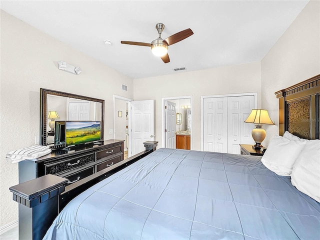 bedroom with ensuite bath, a closet, and ceiling fan