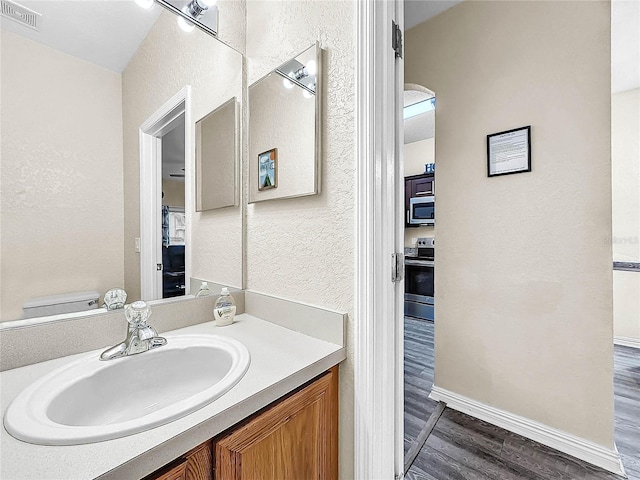 bathroom with vanity and wood-type flooring