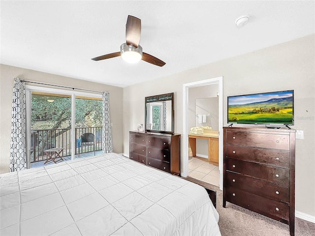 bedroom featuring connected bathroom, access to outside, and ceiling fan