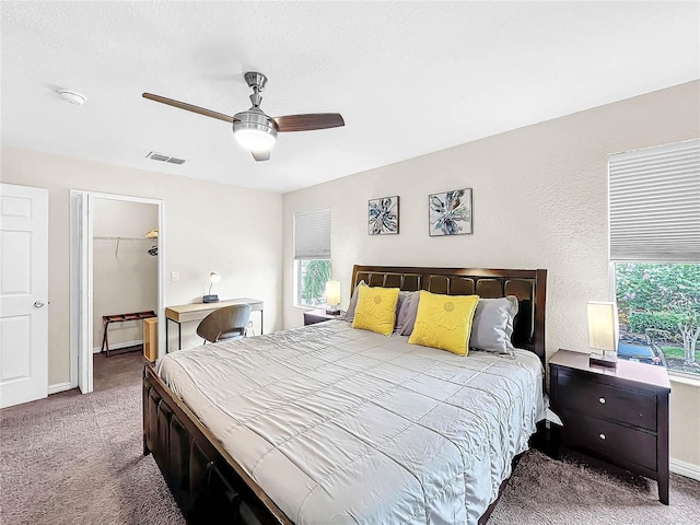 carpeted bedroom with multiple windows, a spacious closet, a textured ceiling, and ceiling fan