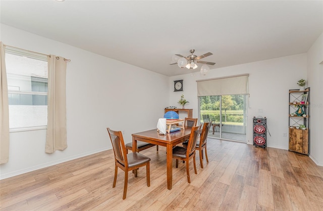 dining room with light hardwood / wood-style floors and ceiling fan