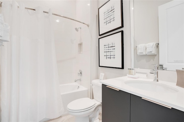 full bathroom featuring vanity, shower / tub combo, and toilet