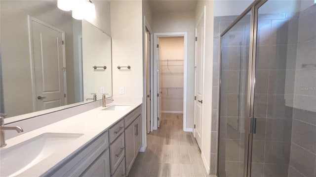 bathroom featuring double vanity, a stall shower, a spacious closet, and a sink