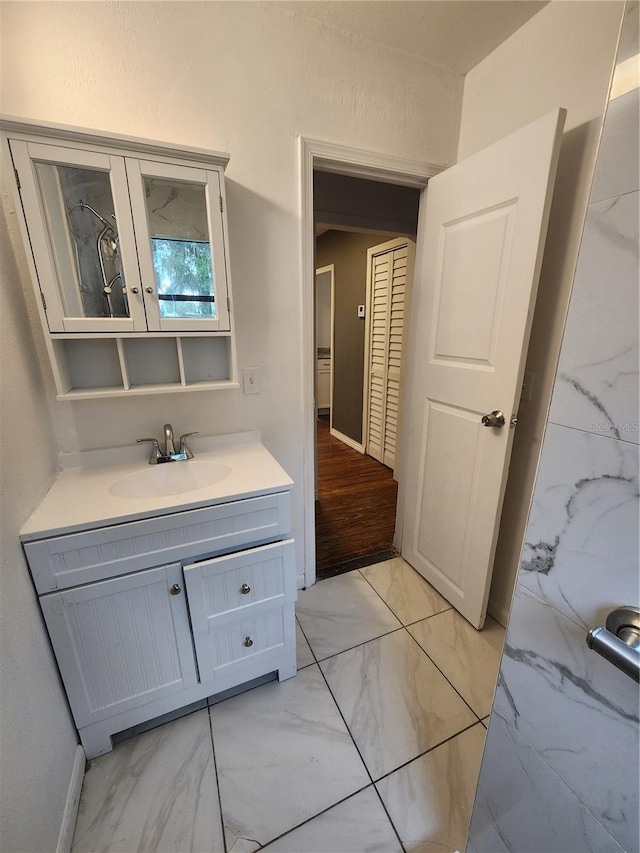 bathroom with vanity and wood-type flooring