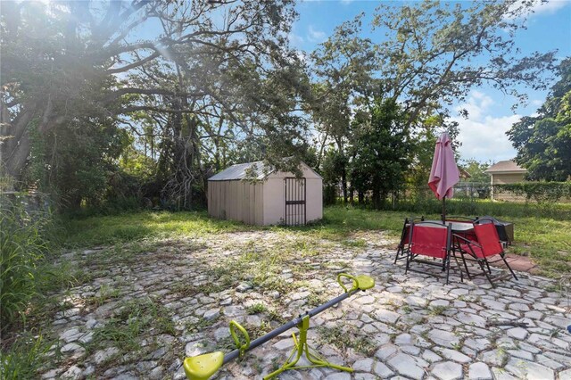 view of yard with a patio area and a storage shed