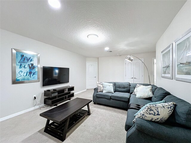 carpeted living room with a textured ceiling