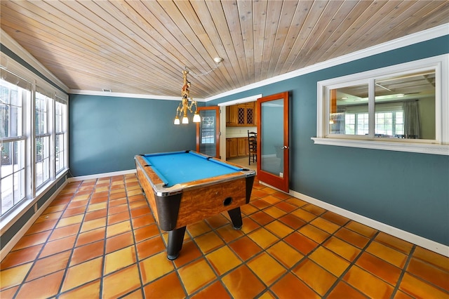 rec room with tile patterned flooring, wooden ceiling, crown molding, and pool table