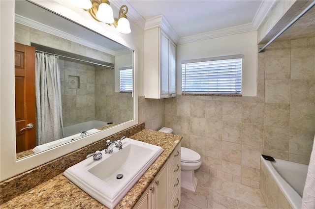 full bathroom featuring shower / bathtub combination with curtain, tile patterned floors, toilet, vanity, and ornamental molding