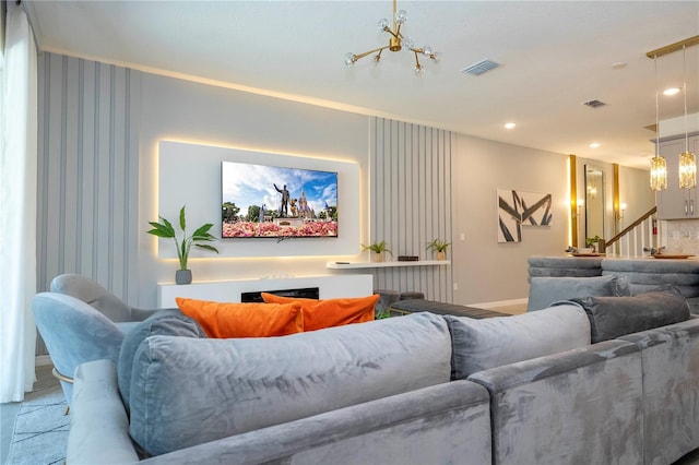 living room with a chandelier