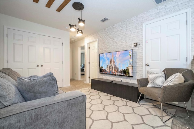 living room with light colored carpet