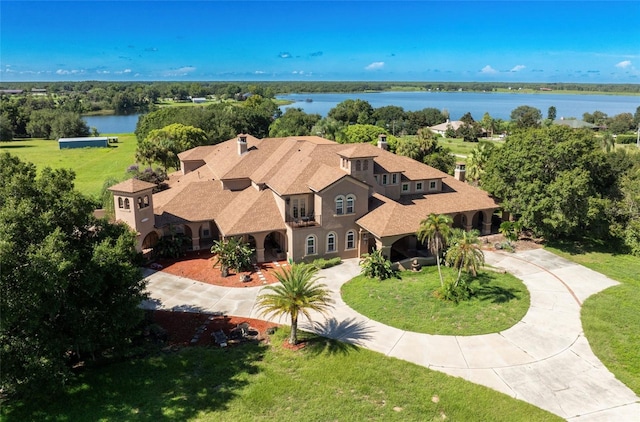 drone / aerial view featuring a water view