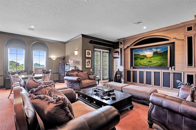 living room featuring light colored carpet, a textured ceiling, and crown molding