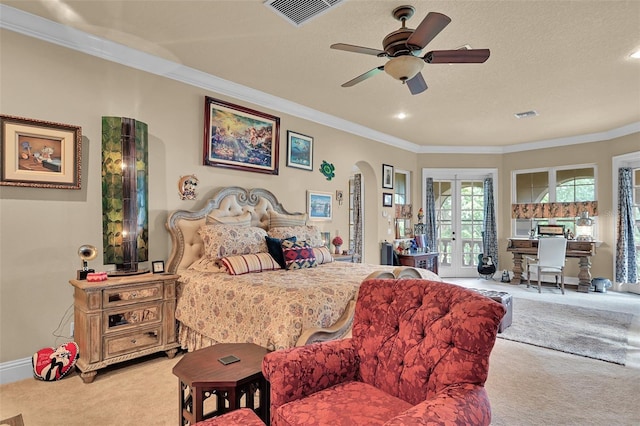 carpeted bedroom featuring ceiling fan, access to outside, french doors, a textured ceiling, and crown molding