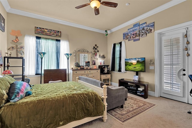 bedroom featuring baseboards, carpet, crown molding, and access to outside