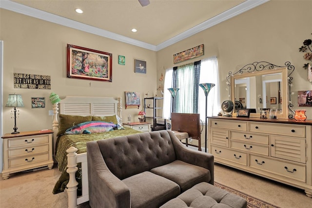 bedroom featuring recessed lighting, light colored carpet, and ornamental molding