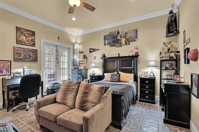 bedroom with baseboards, ornamental molding, a ceiling fan, and access to outside