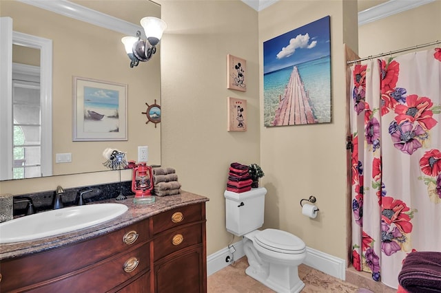 bathroom with toilet, vanity, ornamental molding, and tile patterned flooring