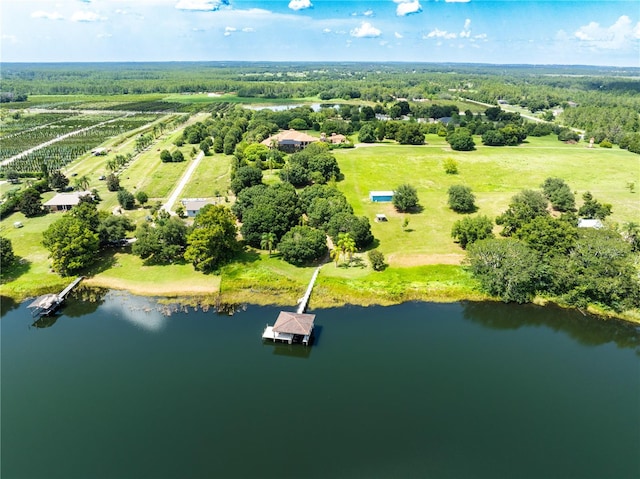 drone / aerial view with a rural view and a water view