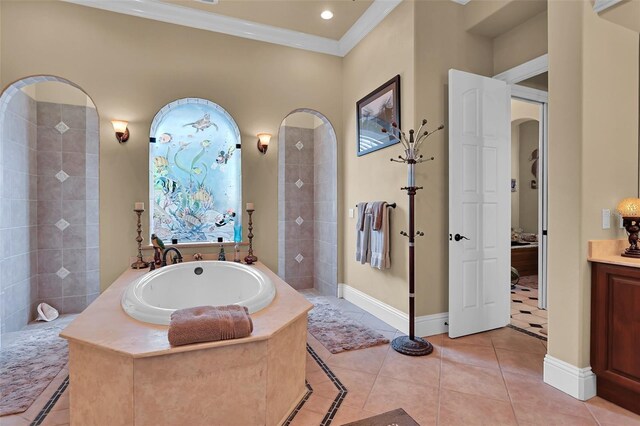 bathroom featuring plus walk in shower, ornamental molding, tile patterned floors, and vanity