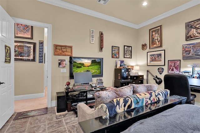 tiled bedroom with recessed lighting, visible vents, baseboards, and crown molding