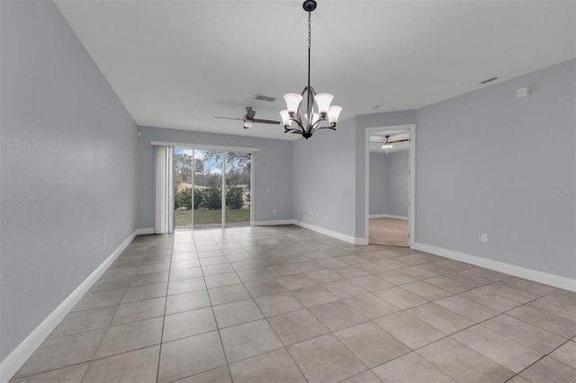 unfurnished room with light tile patterned flooring and ceiling fan with notable chandelier