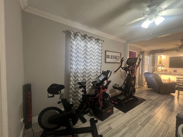 exercise room featuring crown molding, light wood-type flooring, and ceiling fan