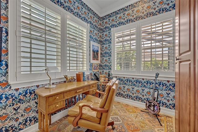 office area featuring crown molding