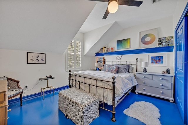 bedroom featuring ceiling fan and lofted ceiling