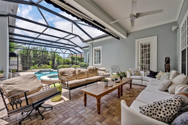 view of patio featuring outdoor lounge area and glass enclosure