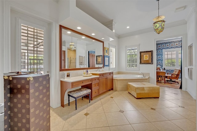 bathroom with tile patterned flooring, a healthy amount of sunlight, and tiled bath