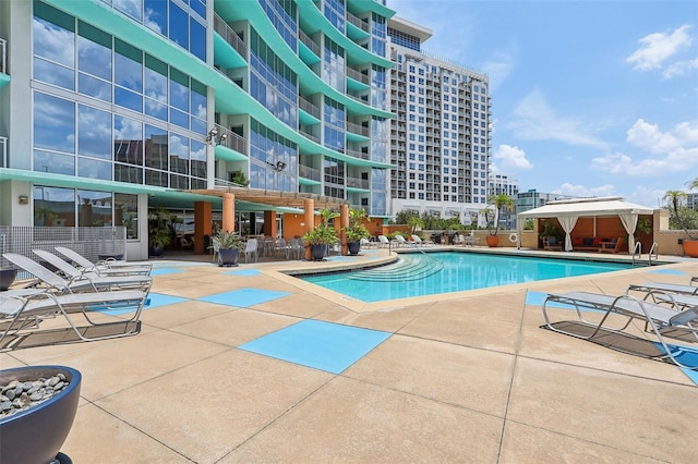 view of pool featuring a patio