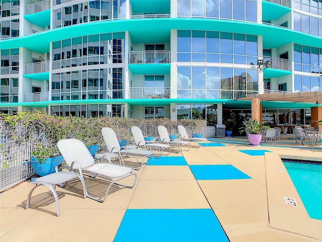 view of swimming pool featuring a patio area