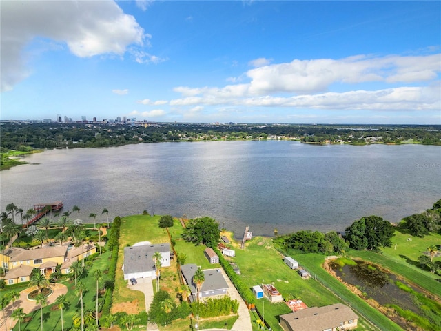 drone / aerial view featuring a water view