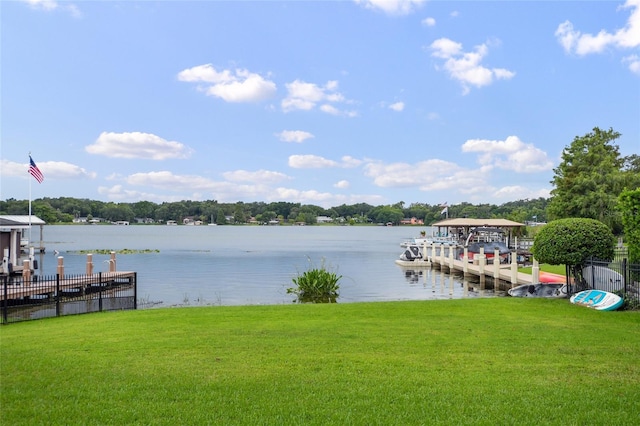 dock area with a water view and a yard