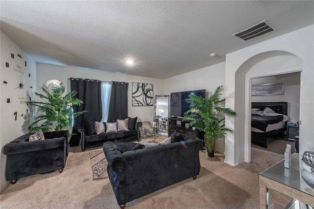 carpeted living room with a textured ceiling